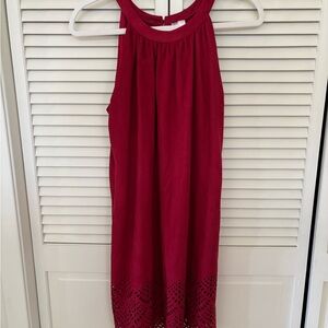 • francesca’s wine-red halter dress with laser-cut hem | m •